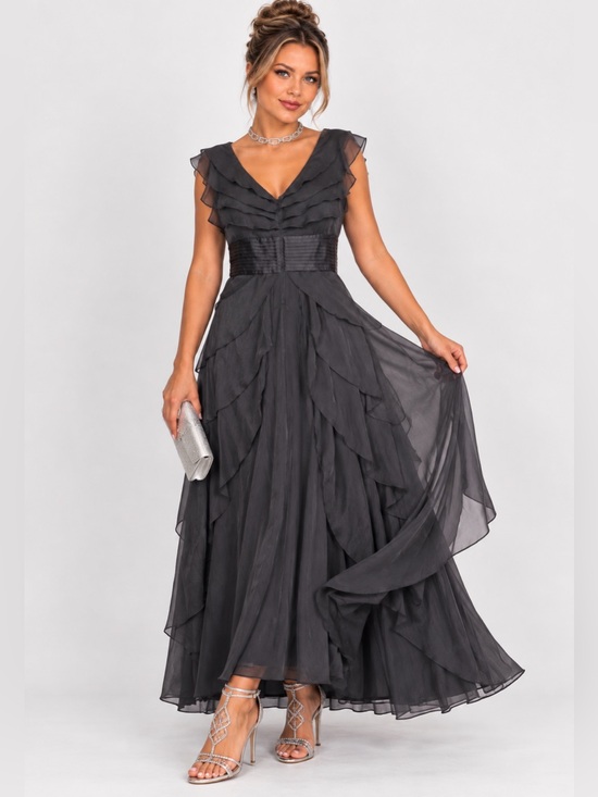 Adrianna Papell Dresses & Skirts - Adrianna Papell Iridescent Chiffon Tiered Ruffle Maxi Gown Charcoal Gray 14
